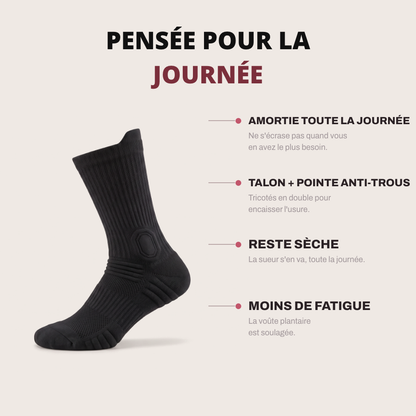 Pensée pour la journée : amortie toute la journée, talon et pointe anti-trous, reste sèche, moins de fatigue