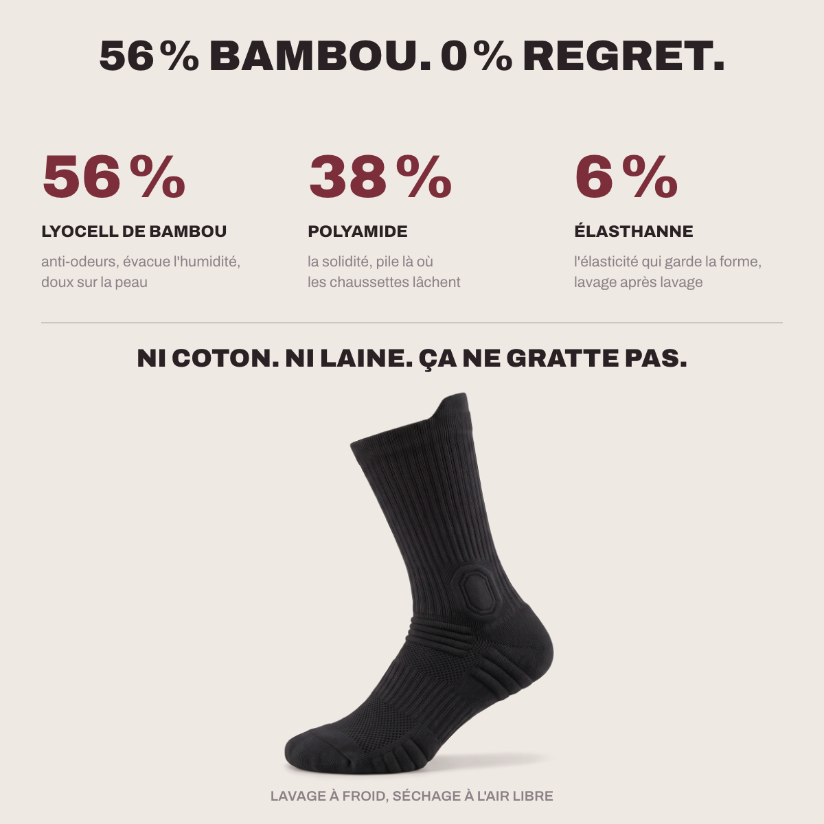 56 % lyocell de bambou, 38 % polyamide, 6 % élasthanne : ni coton ni laine