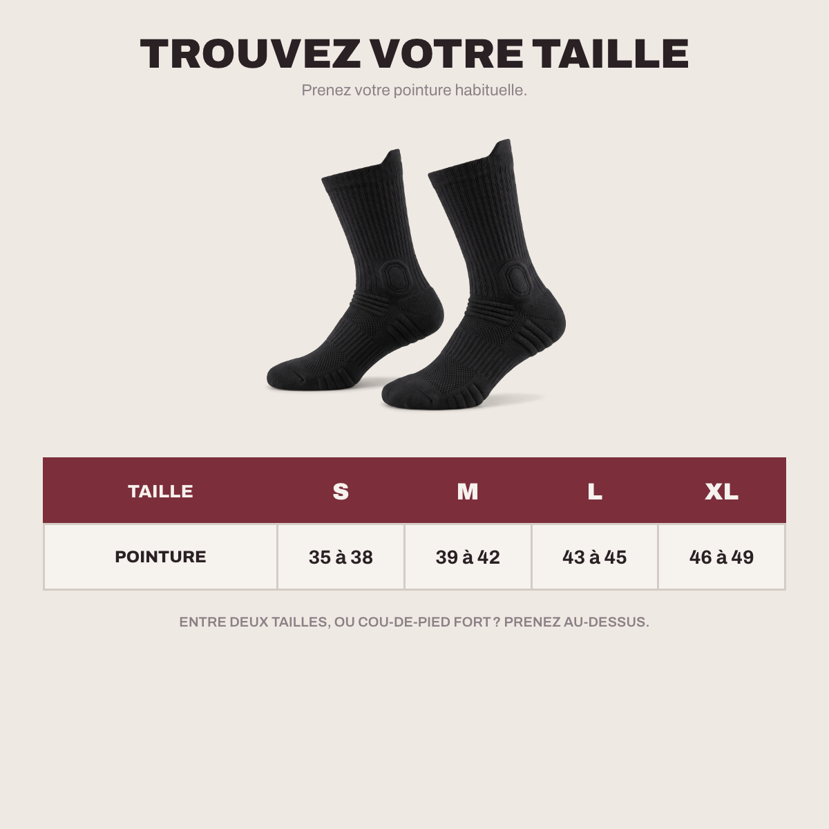 Guide des tailles : S du 35 au 38, M du 39 au 42, L du 43 au 45, XL du 46 au 49