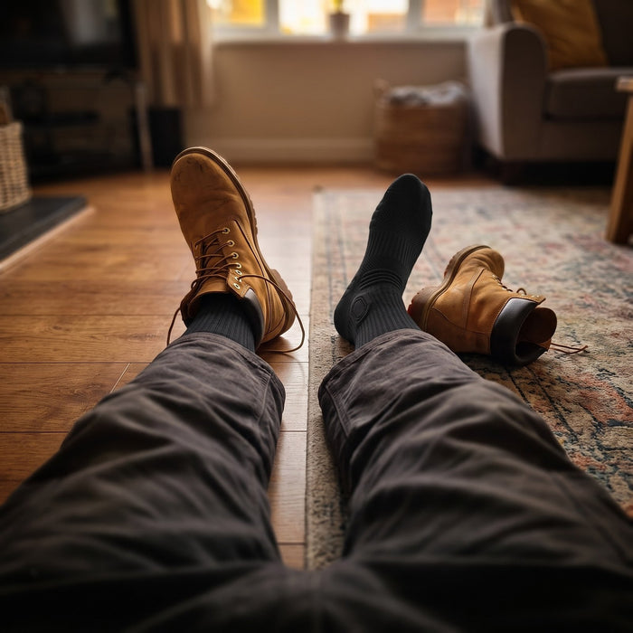 Chaussettes HARDSEN portées en fin de journée, pieds sur la table basse