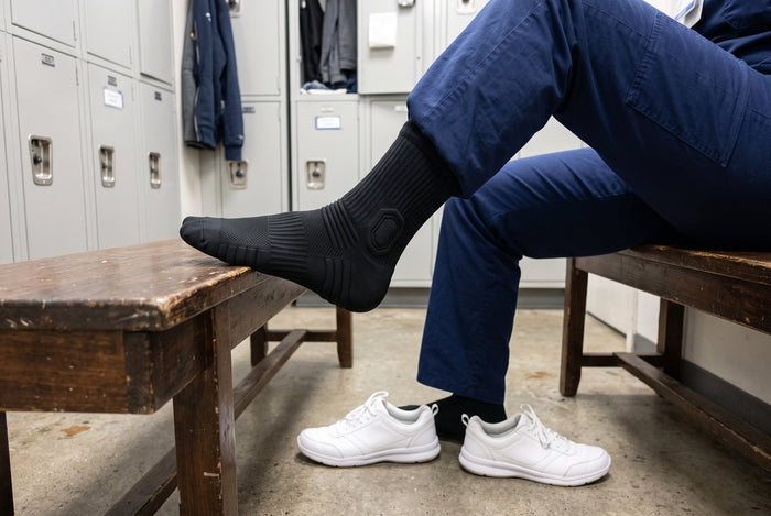 Chaussette HARDSEN portée dans un vestiaire d'hôpital